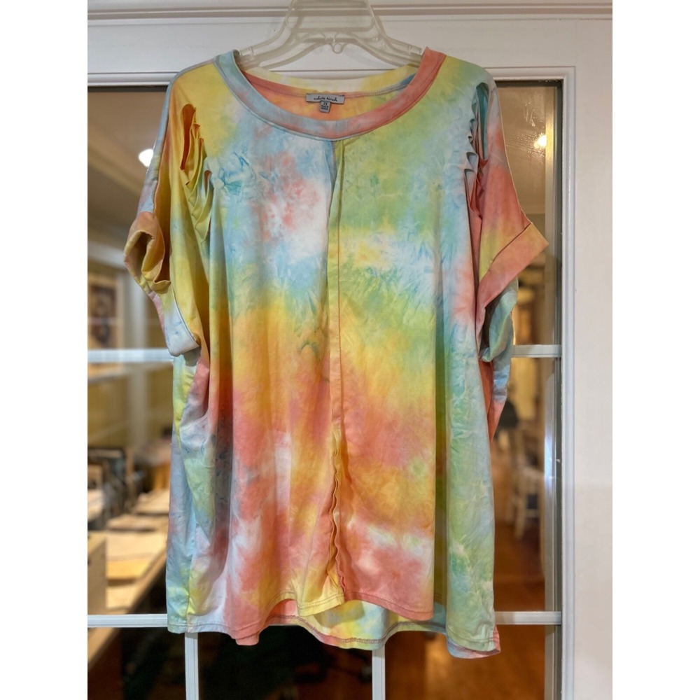 Women's WHITE BIRCH Tie Dye Shredded Cap Sleeve Top Size 2X EUC